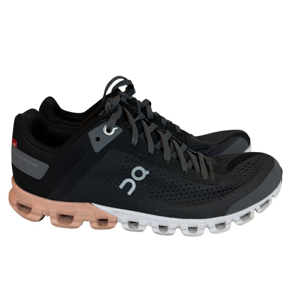 On Cloudflow Running Shoes Black Peach Charcoal Swiss Engineering Sneakers